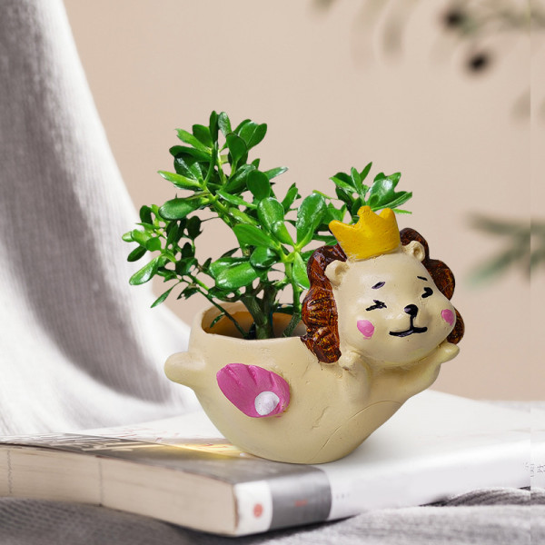 Jade Plant in Cute Flying Lion Resin